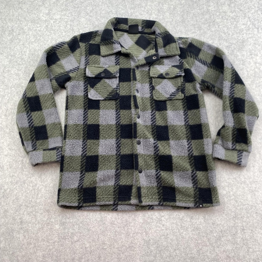 Quiksilver Kids M 10-12 Green Plaid Fleece Snap Shirt Jacket Shacket 26S0FBI10K